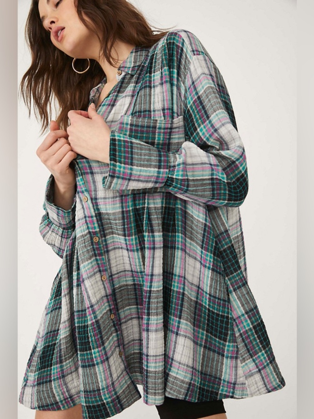 Free People The Voyage Shirtdress relaxed green multi plaid pattern drape flare